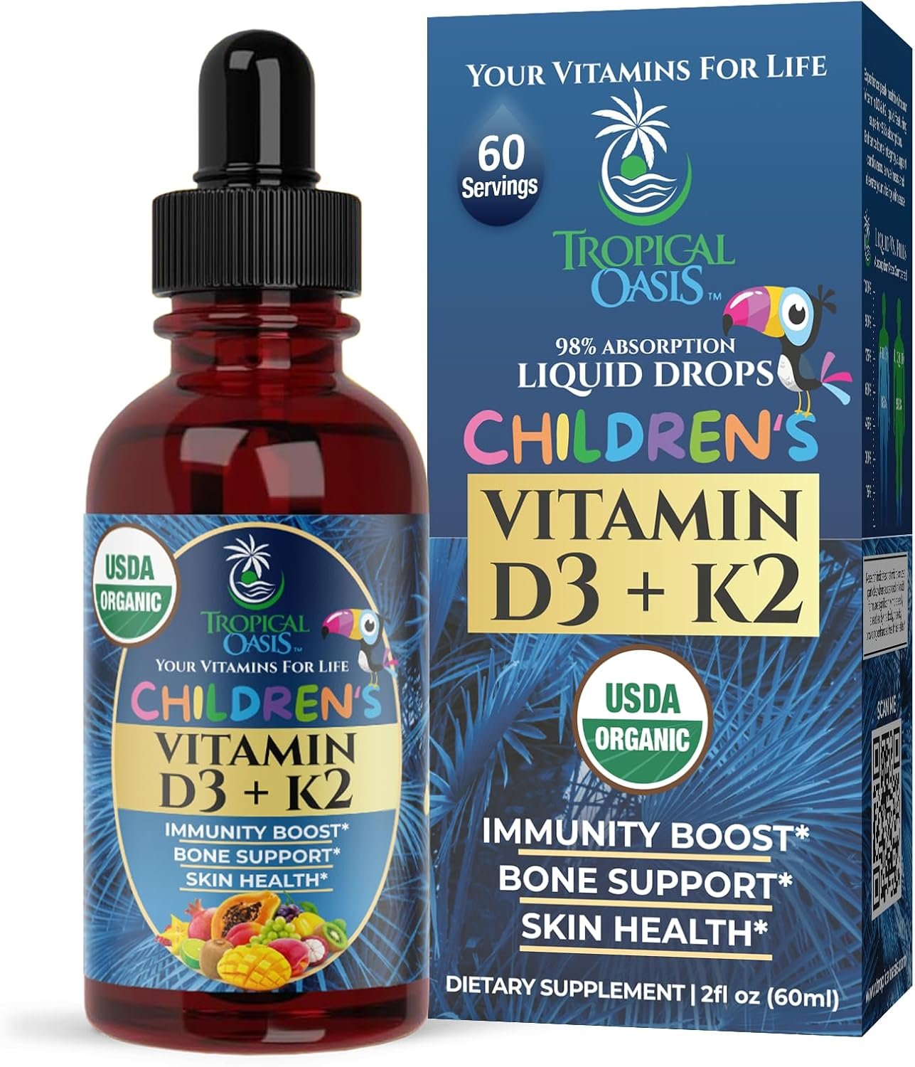 USDA Organic Vitamin D3 K2 Liquid Drops | Vitamin D3 K2 Supplement for Kids